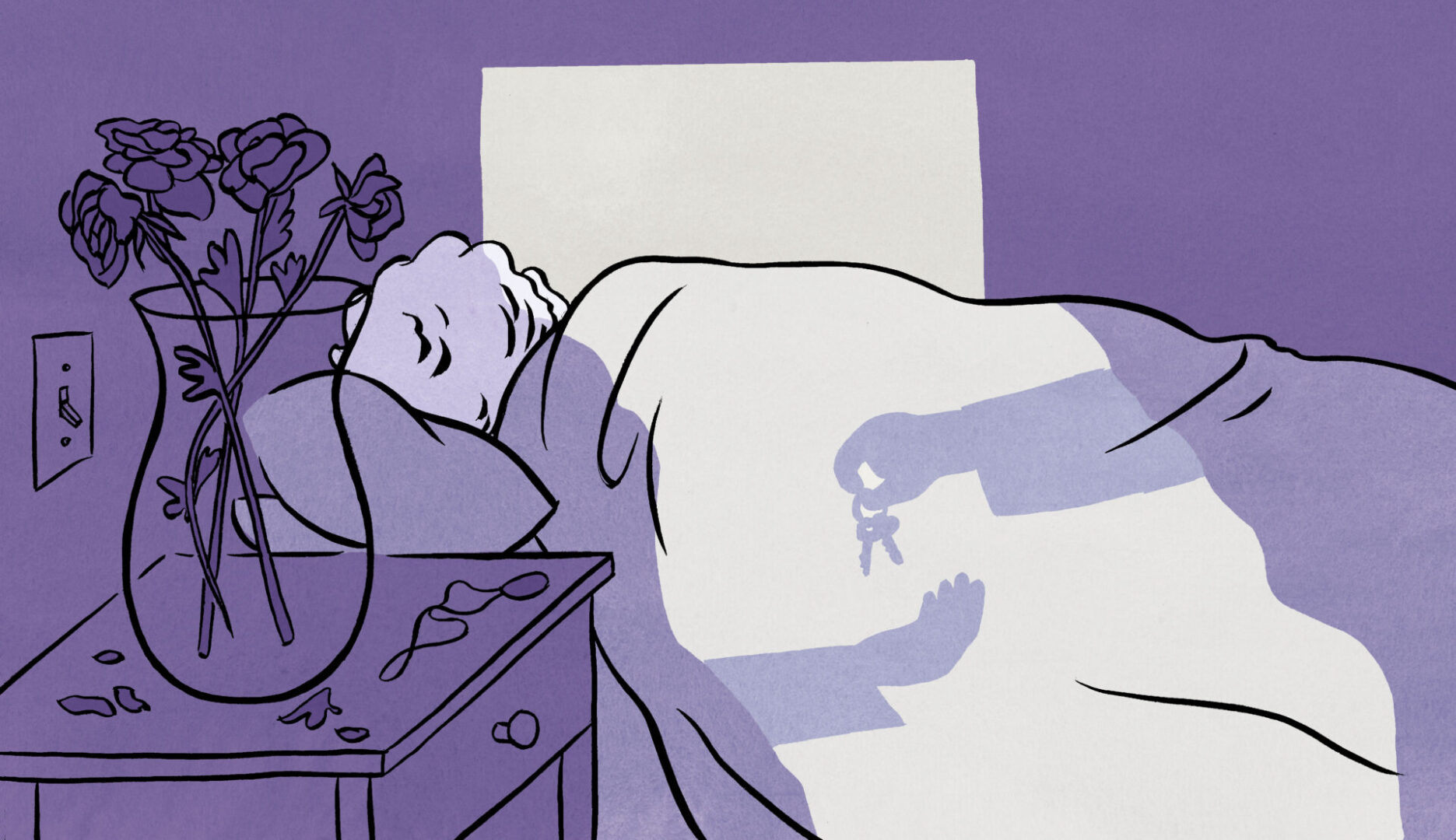 An illustration of an older woman sleeping in bed.