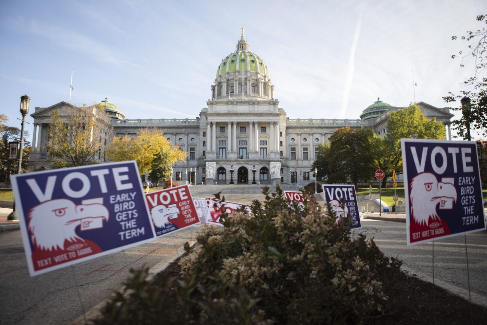 Pennsylvania’s capitol building in Harrisburg on the morning of Election Day. November 3, 2020.