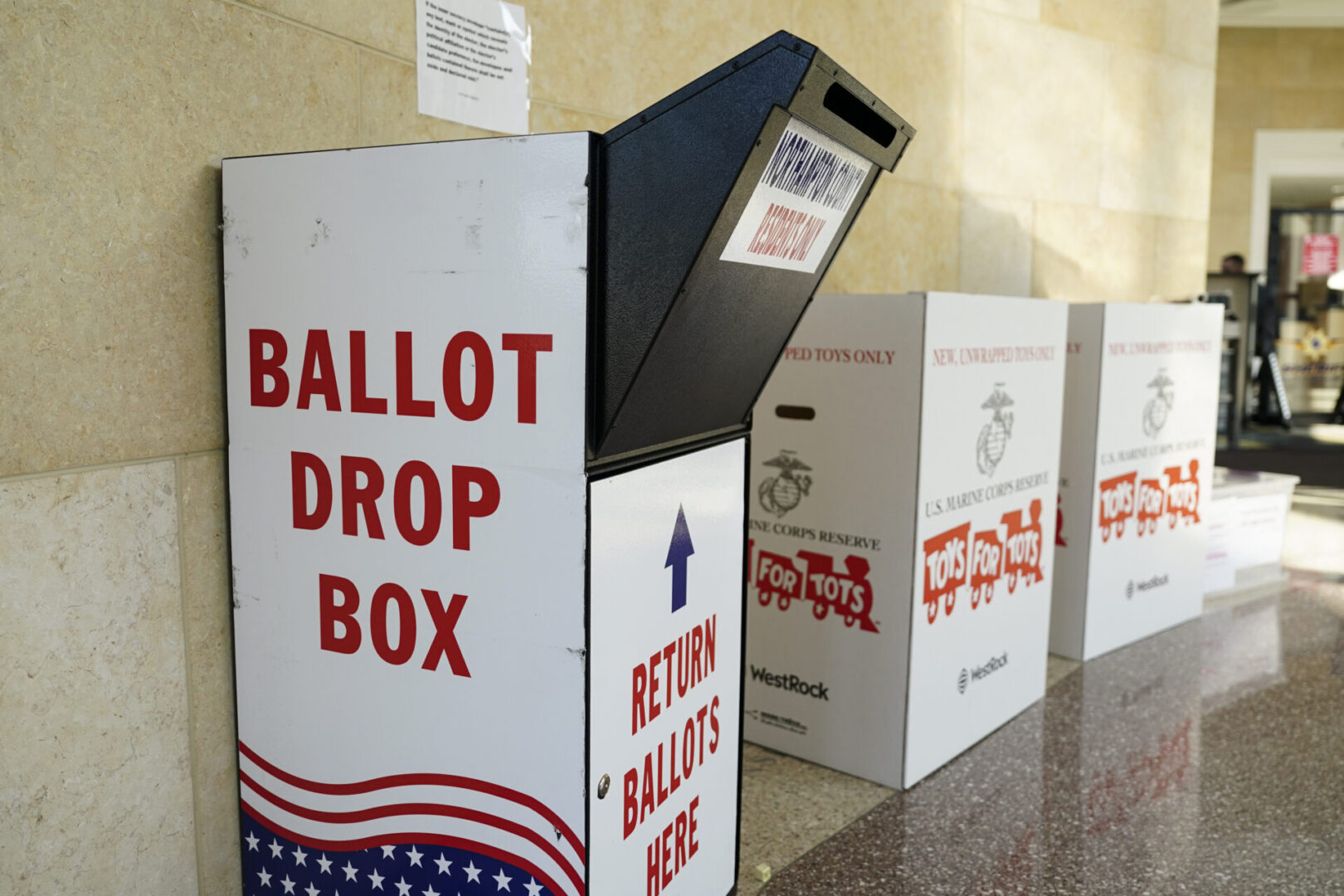 A mail-in ballot drop box is displayed Nov. 7, 2023, at Northampton County Courthouse in Easton, Northampton County, Pennsylvania. (Matt Smith / For Spotlight PA)