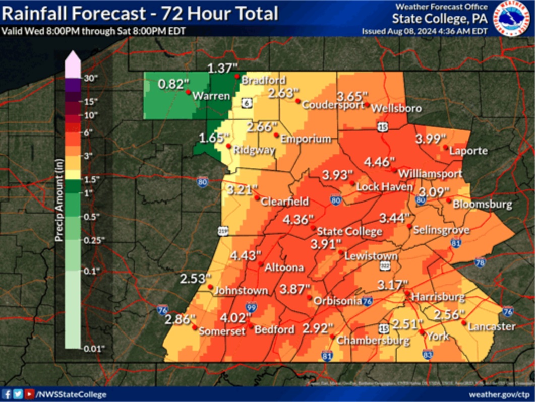 State College - flood watch rainfall totals 8-8-24