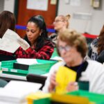 Workers sort mail ballots at the Lehigh County Government Center in Allentown on Nov. 8, 2022.