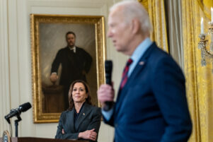 Vice President Kamala Harris looks on as President Joe Biden delivers remarks at a reception for new members of congress, Tuesday, January 24, 2023, in the East Room of the White House.