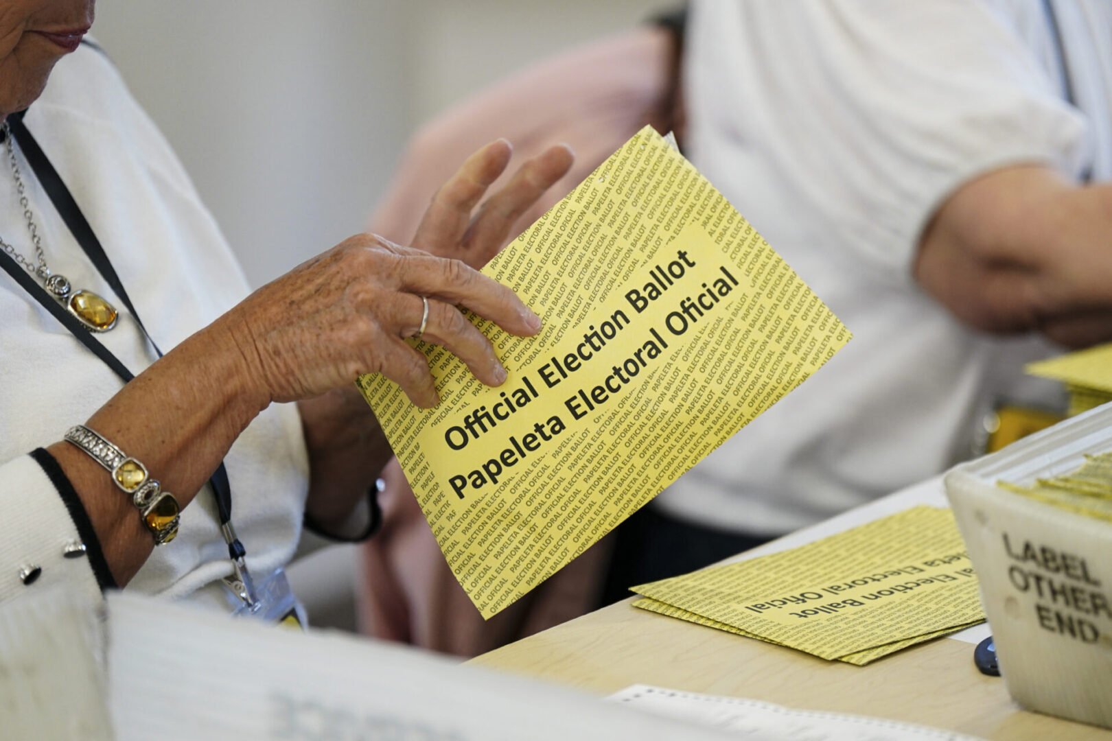 Workers sort mail-in ballots April 23, 2024, at Northampton County Courthouse in Easton, Northampton County, Pennsylvania.